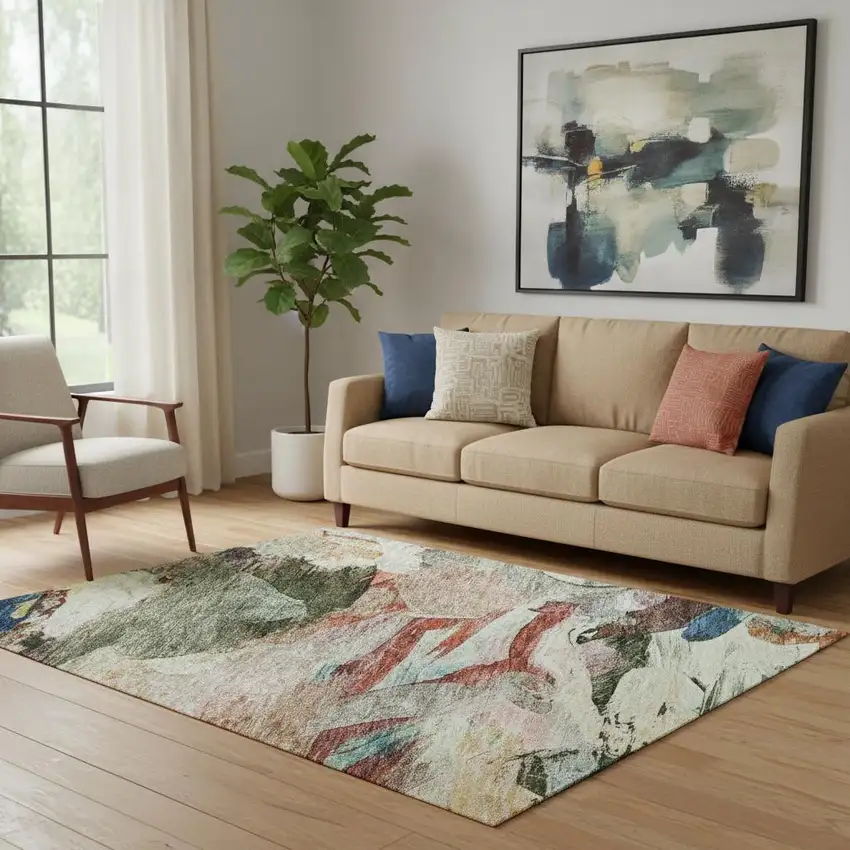 Green Orange And Teal Abstract Washable Area Rug With UV Protection Photo 2