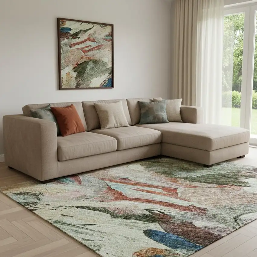 Green Orange And Teal Abstract Washable Area Rug With UV Protection Photo 1