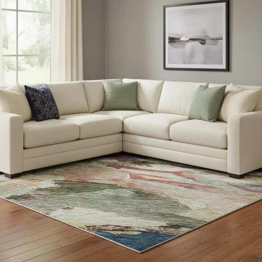 Green Orange And Teal Abstract Washable Area Rug With UV Protection Photo 2