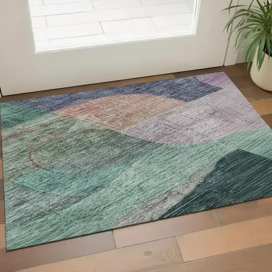 Green Orange Purple And Teal Abstract Geometric Washable Area Rug With UV Protection Photo 2