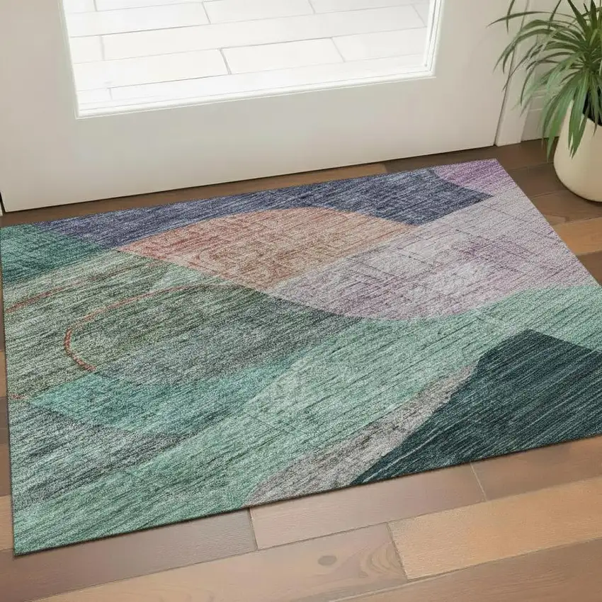 Green Orange Purple And Teal Abstract Geometric Washable Area Rug With UV Protection Photo 2