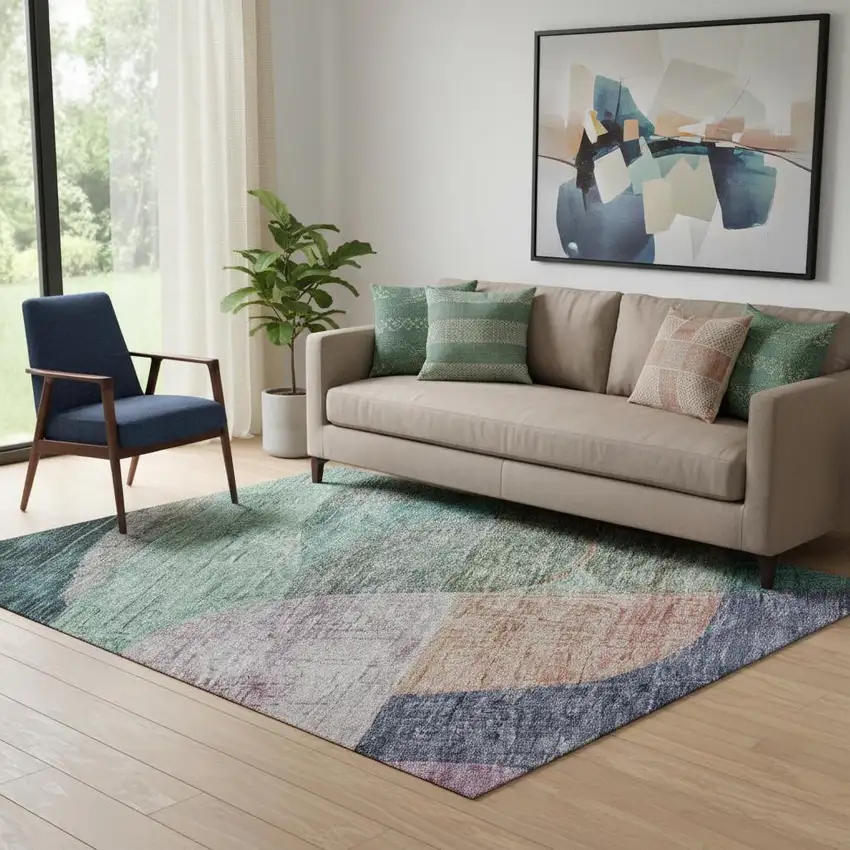 Green Orange Purple And Teal Abstract Geometric Washable Area Rug With UV Protection Photo 2