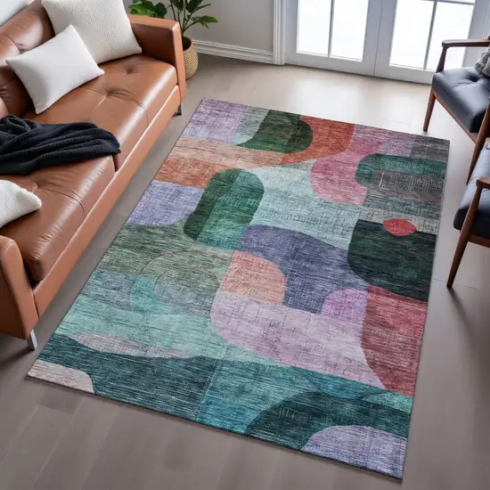 Green Orange Purple And Teal Abstract Geometric Washable Area Rug With UV Protection Photo 4