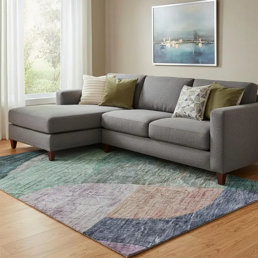 Green Orange Purple And Teal Abstract Geometric Washable Area Rug With UV Protection Photo 2