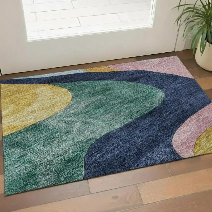 Green Orange Teal And Pink Abstract Washable Area Rug With UV Protection Photo 2