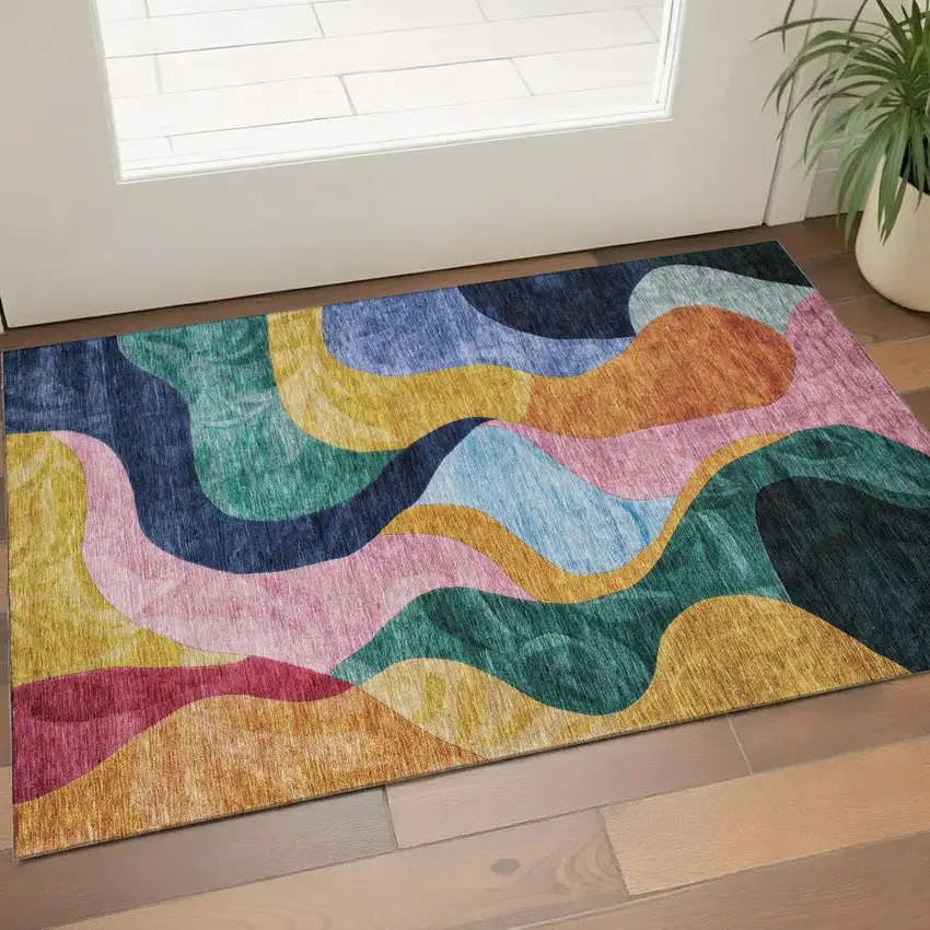 Green Orange Teal And Pink Abstract Washable Area Rug With UV Protection Photo 1