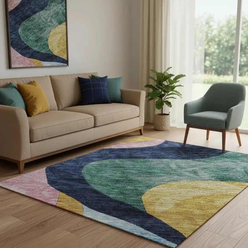 Green Orange Teal And Pink Abstract Washable Area Rug With UV Protection Photo 2