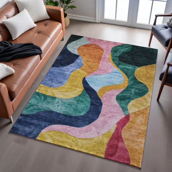 Green Orange Teal And Pink Abstract Washable Area Rug With UV Protection Photo 4