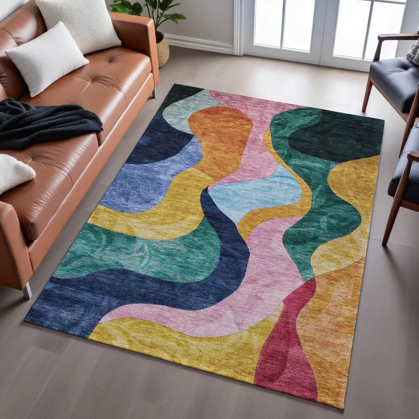 Green Orange Teal And Pink Abstract Washable Area Rug With UV Protection Photo 4