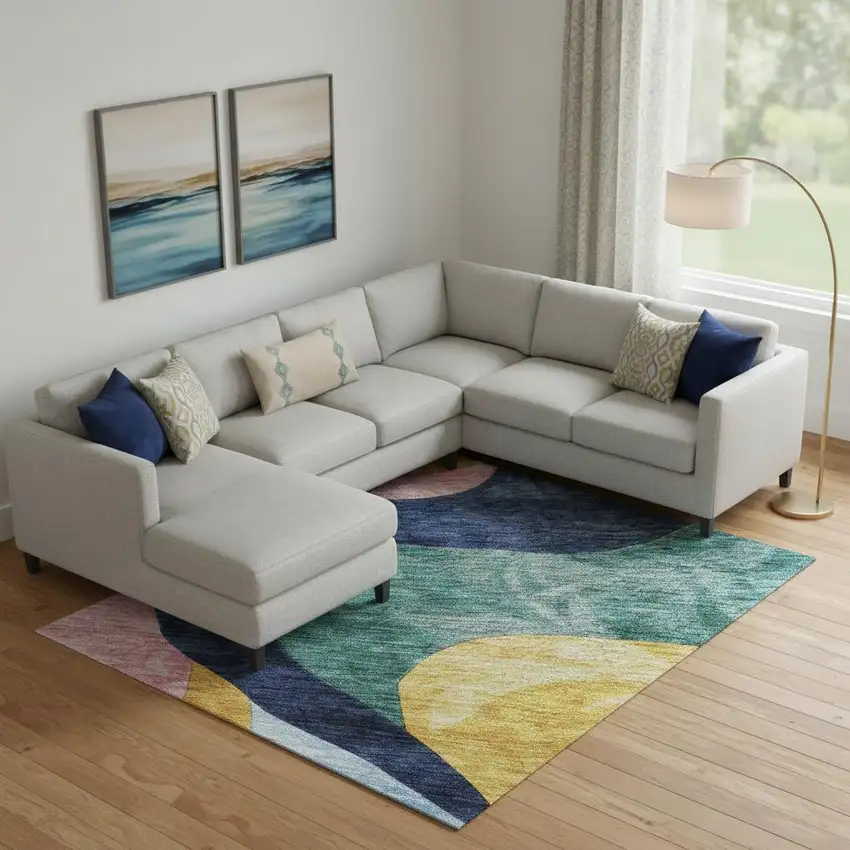 Green Orange Teal And Pink Abstract Washable Area Rug With UV Protection Photo 2