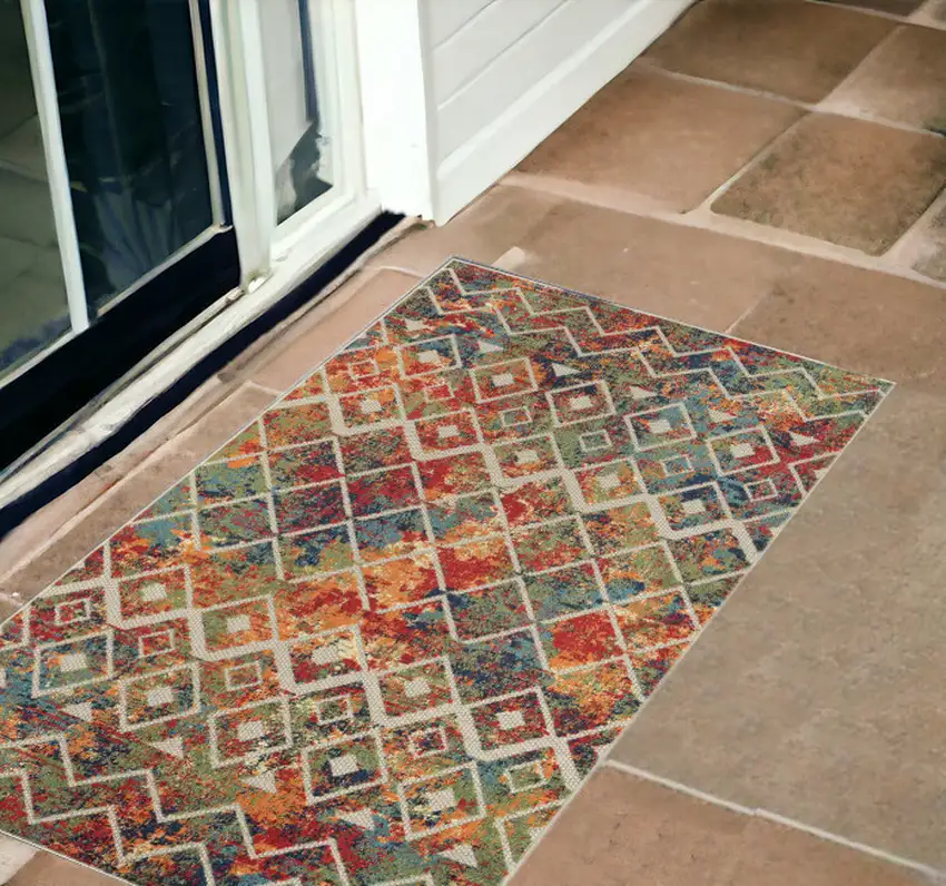 Green Orange and Red Geometric Stain Resistant Indoor Outdoor Area Rug Photo 1