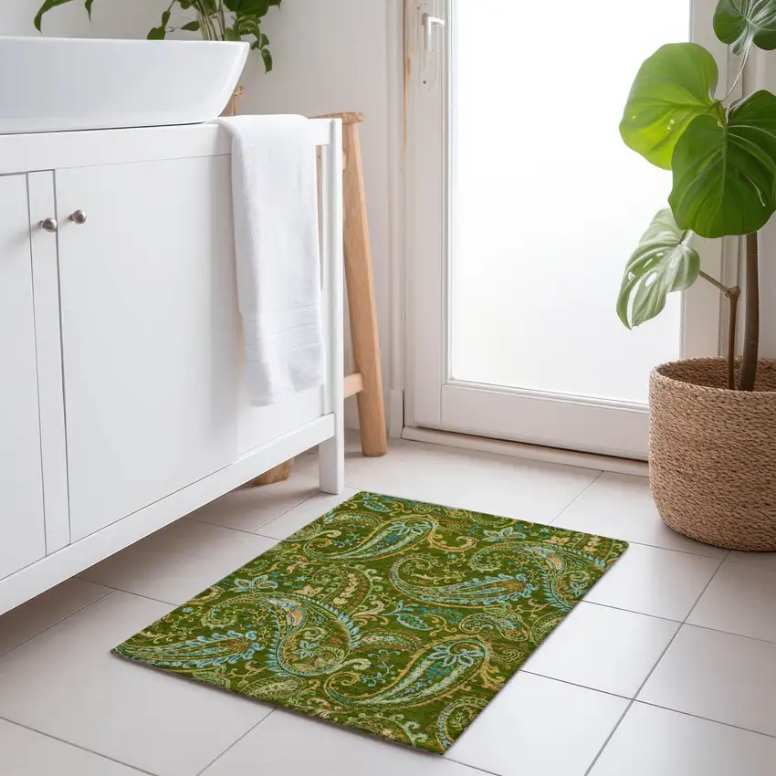 Green Paisley Washable Non Skid Indoor Outdoor Area Rug Photo 9