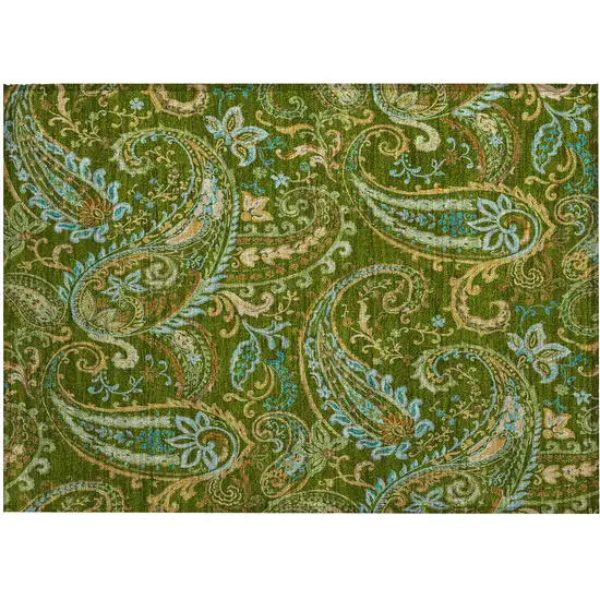 Green Paisley Washable Non Skid Indoor Outdoor Area Rug Photo 2