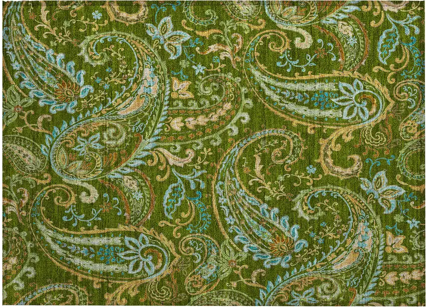 Green Paisley Washable Non Skid Indoor Outdoor Area Rug Photo 2