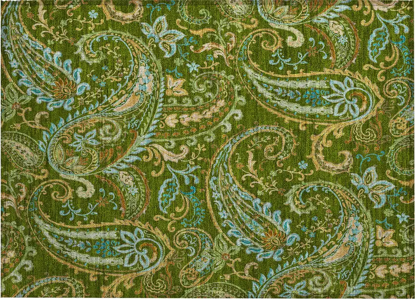 Green Paisley Washable Non Skid Indoor Outdoor Area Rug Photo 2