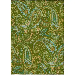 Photo of Green Paisley Washable Non Skid Indoor Outdoor Area Rug