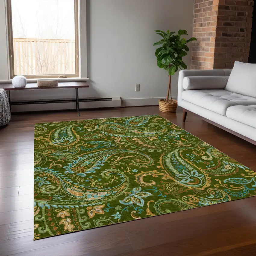 Green Paisley Washable Non Skid Indoor Outdoor Area Rug Photo 9