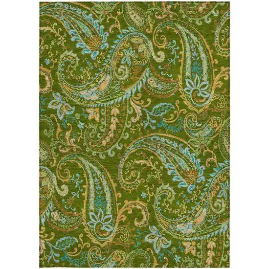 Green Paisley Washable Non Skid Indoor Outdoor Area Rug Photo 5