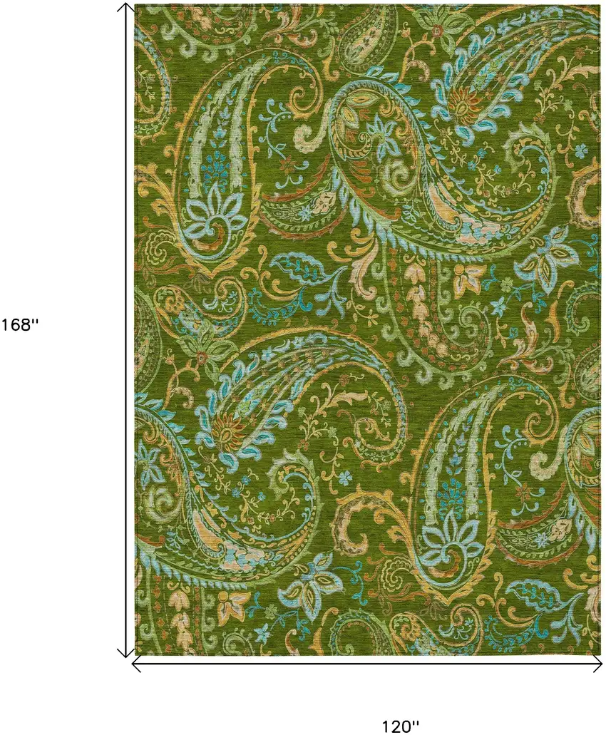 Green Paisley Washable Non Skid Indoor Outdoor Area Rug Photo 3
