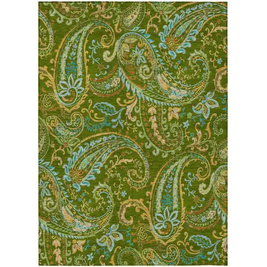 Green Paisley Washable Non Skid Indoor Outdoor Area Rug Photo 2
