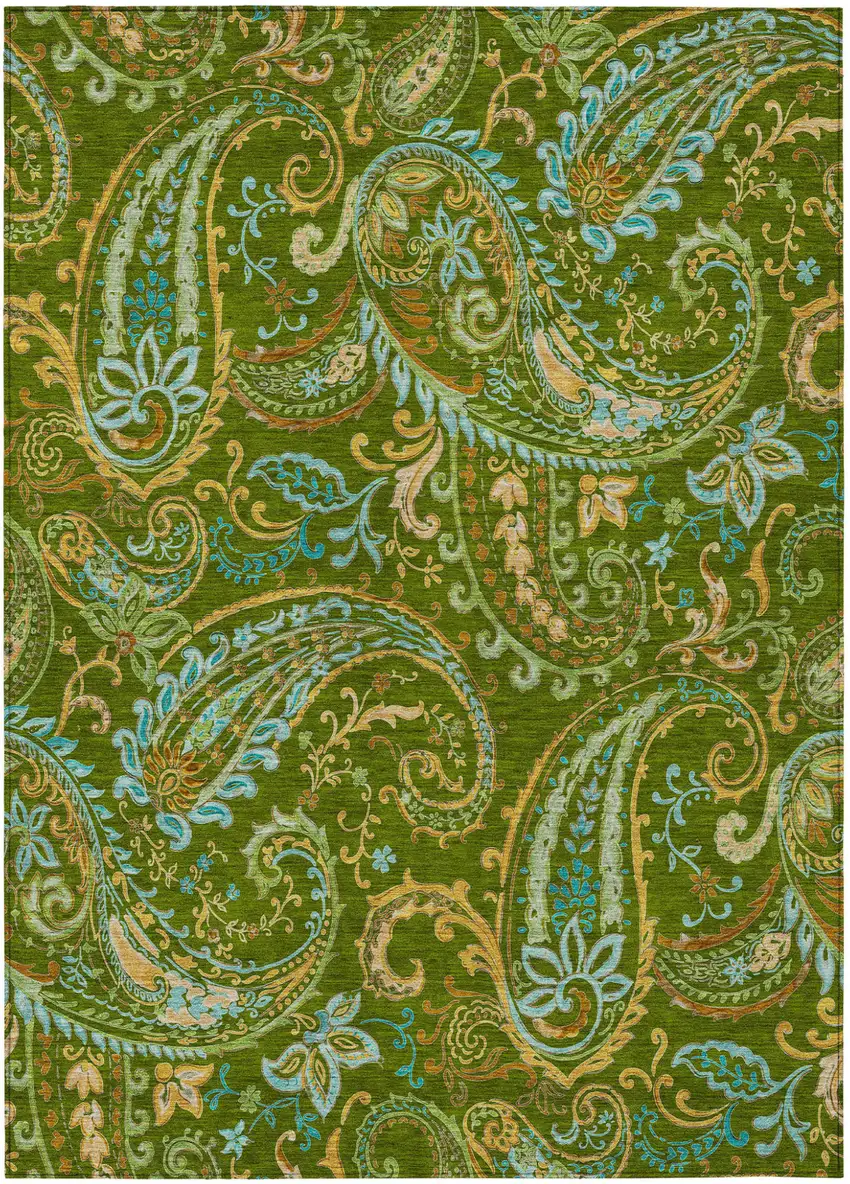 Green Paisley Washable Non Skid Indoor Outdoor Area Rug Photo 2