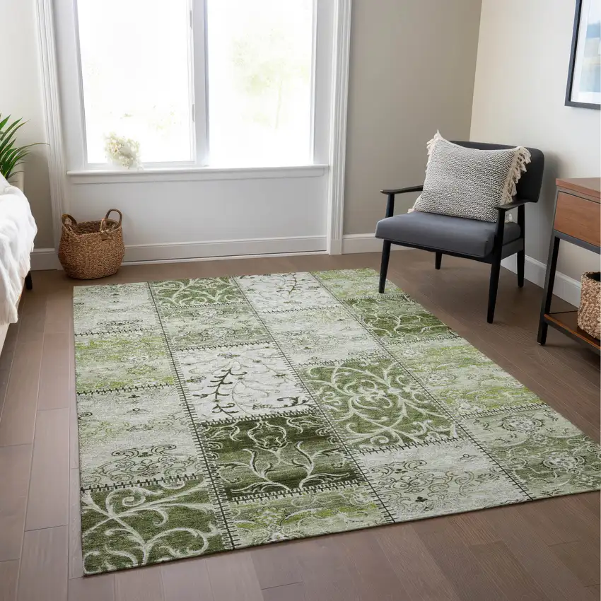 Green Patchwork Washable Non Skid Indoor Outdoor Area Rug Photo 9