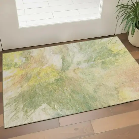 Green Peach And Yellow Abstract Washable Area Rug With UV Protection Photo 2