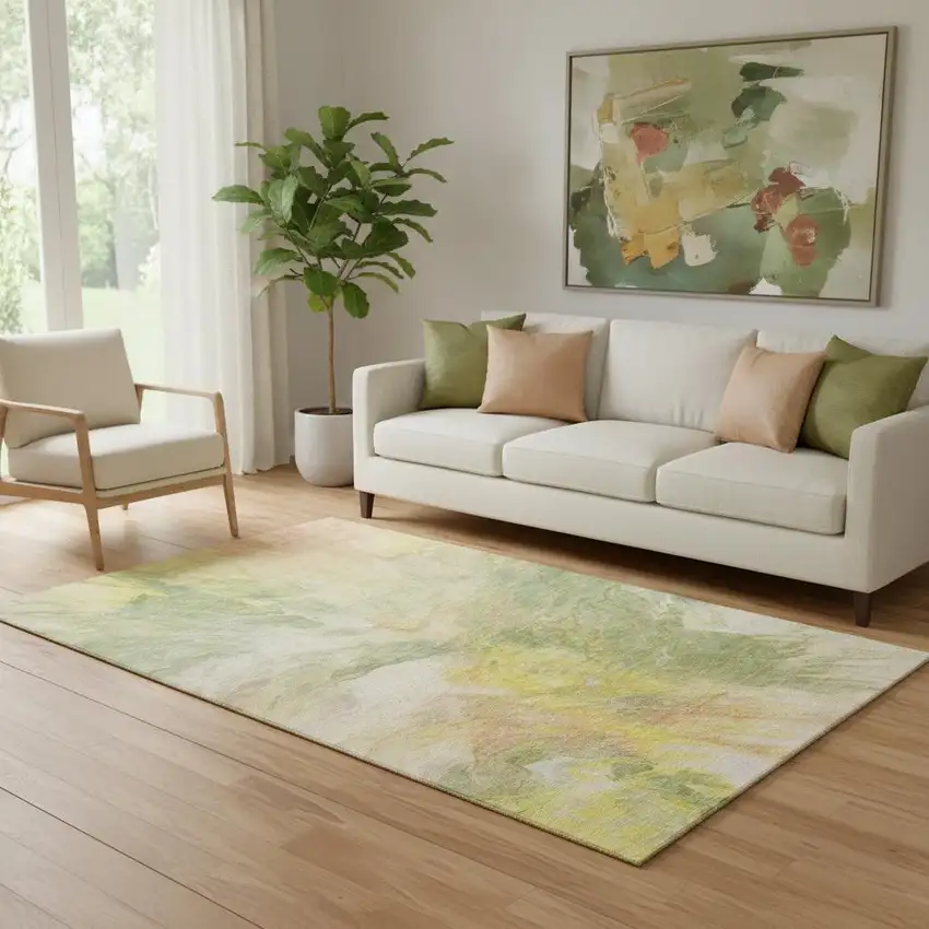 Green Peach And Yellow Abstract Washable Area Rug With UV Protection Photo 1