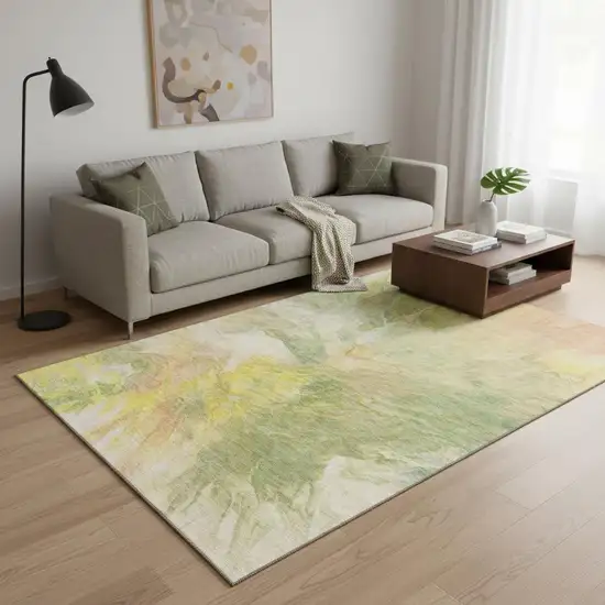 Green Peach And Yellow Abstract Washable Area Rug With UV Protection Photo 2
