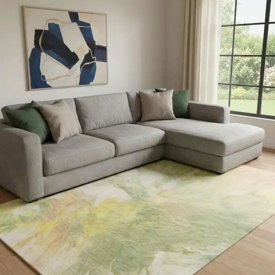 Green Peach And Yellow Abstract Washable Area Rug With UV Protection Photo 1