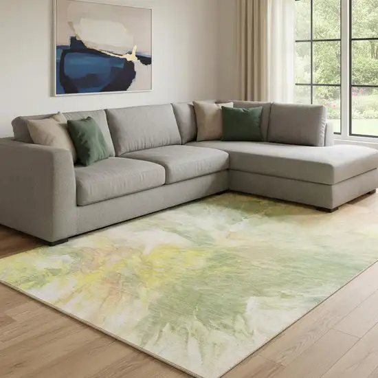 Green Peach And Yellow Abstract Washable Area Rug With UV Protection Photo 1