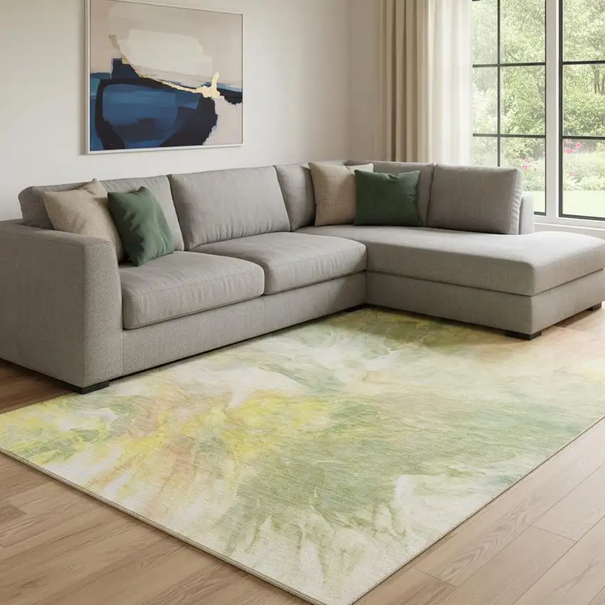 Green Peach And Yellow Abstract Washable Area Rug With UV Protection Photo 1