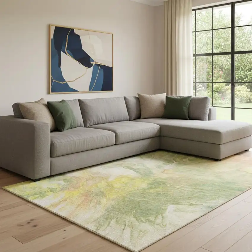 Green Peach And Yellow Abstract Washable Area Rug With UV Protection Photo 1