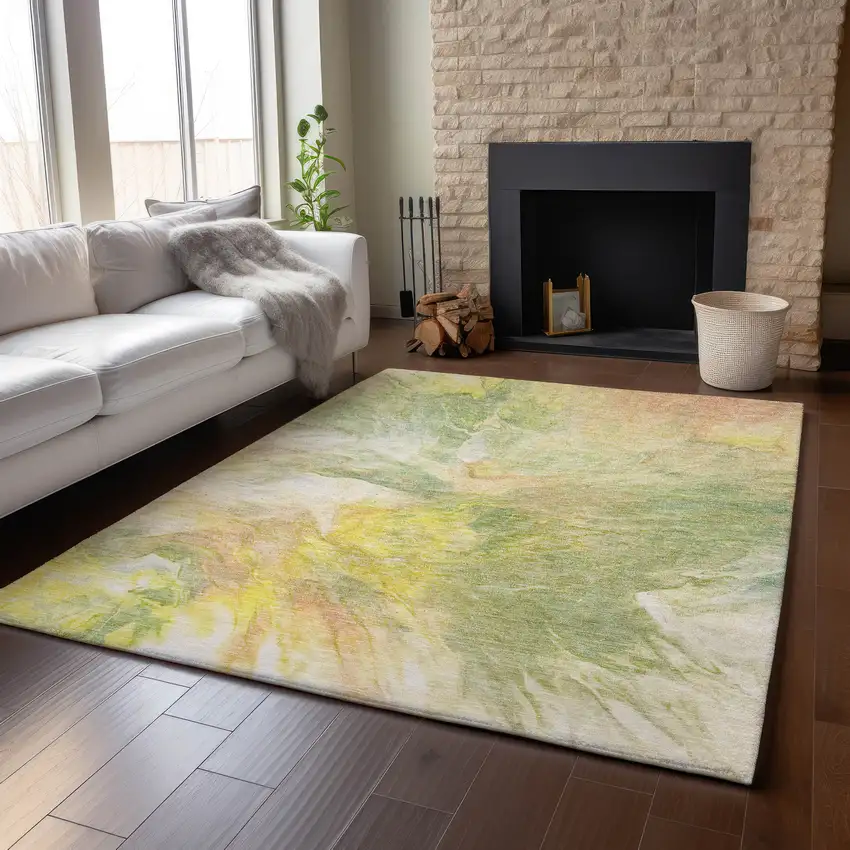 Green Peach And Yellow Abstract Washable Area Rug With UV Protection Photo 6