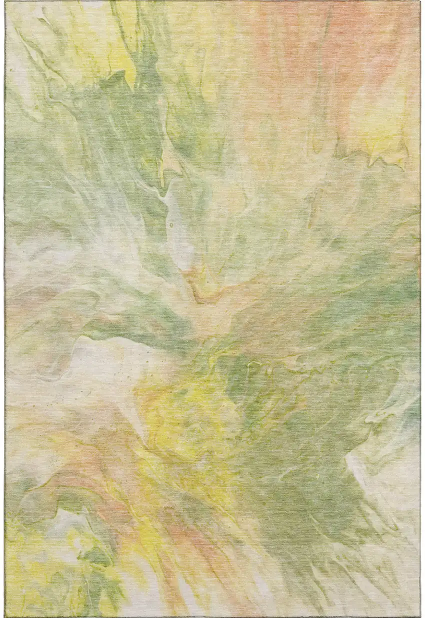 Green Peach And Yellow Abstract Washable Area Rug With UV Protection Photo 1
