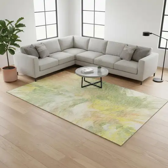 Green Peach And Yellow Abstract Washable Area Rug With UV Protection Photo 2