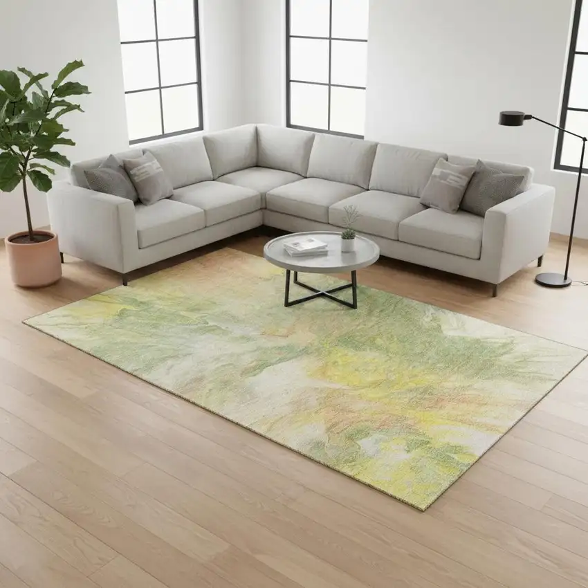 Green Peach And Yellow Abstract Washable Area Rug With UV Protection Photo 2