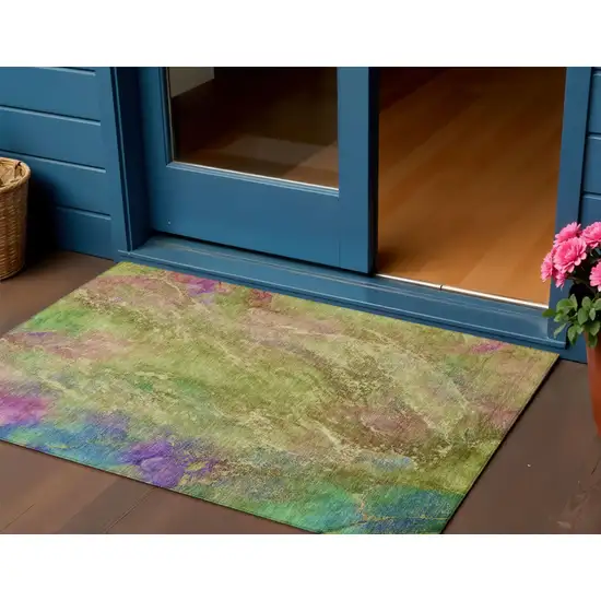 Green Pink And Blue Abstract Washable Indoor Outdoor Area Rug Photo 1