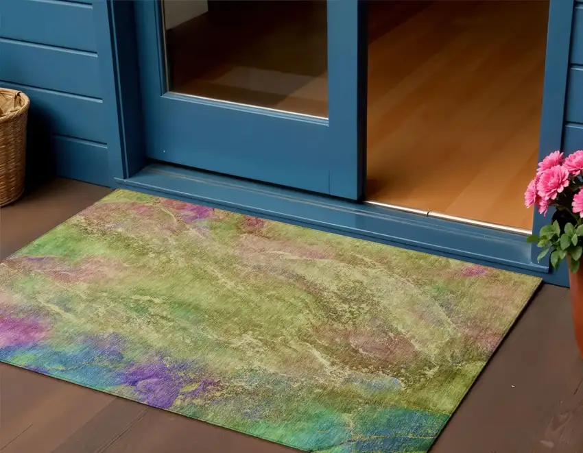 Green Pink And Blue Abstract Washable Indoor Outdoor Area Rug Photo 1