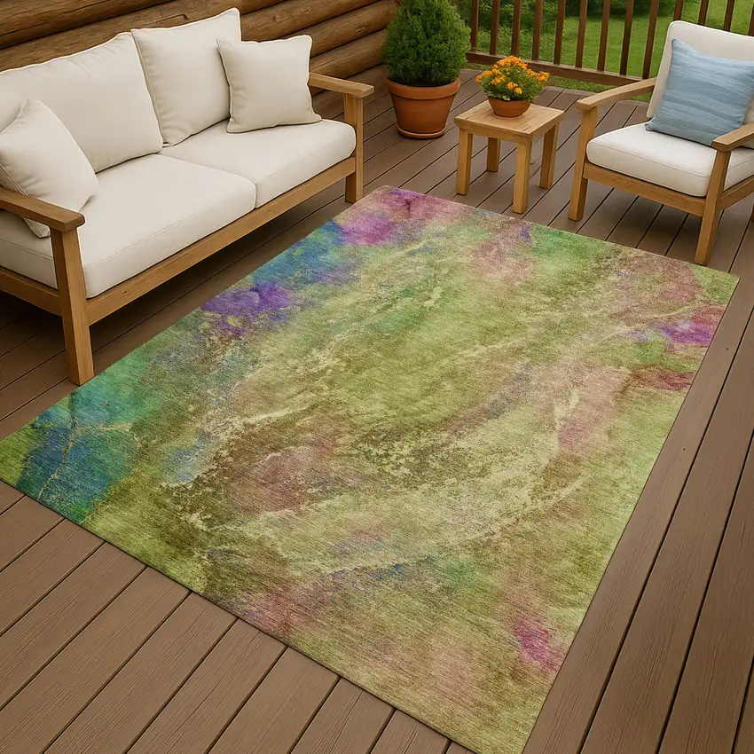 Green Pink And Blue Abstract Washable Indoor Outdoor Area Rug Photo 9