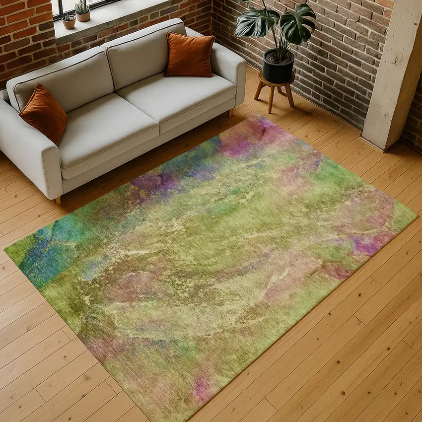 Green Pink And Blue Abstract Washable Indoor Outdoor Area Rug Photo 9