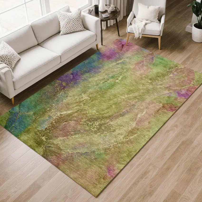 Green Pink And Blue Abstract Washable Indoor Outdoor Area Rug Photo 9