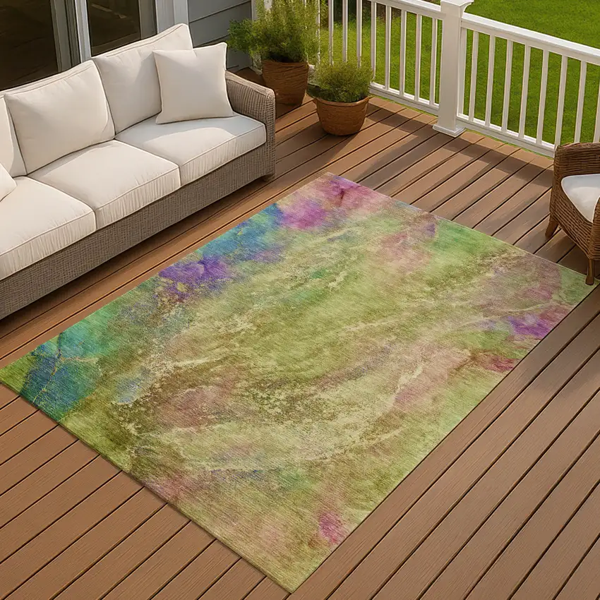 Green Pink And Blue Abstract Washable Indoor Outdoor Area Rug Photo 7
