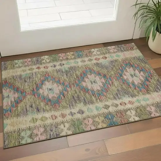 Green Pink And Blue Geometric Washable Area Rug With UV Protection Photo 2