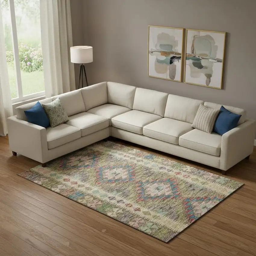 Green Pink And Blue Geometric Washable Area Rug With UV Protection Photo 2