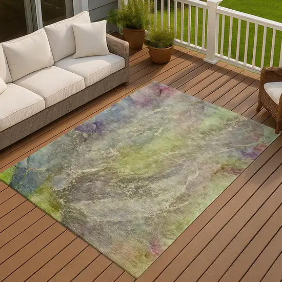 Green Pink And Gold Abstract Washable Indoor Outdoor Area Rug Photo 6