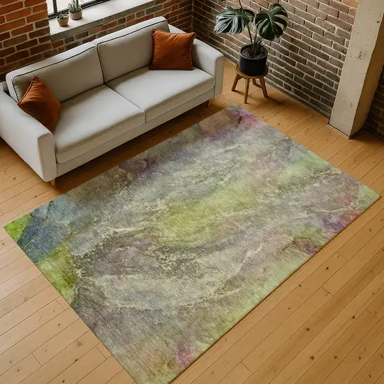 Green Pink And Gold Abstract Washable Indoor Outdoor Area Rug Photo 8