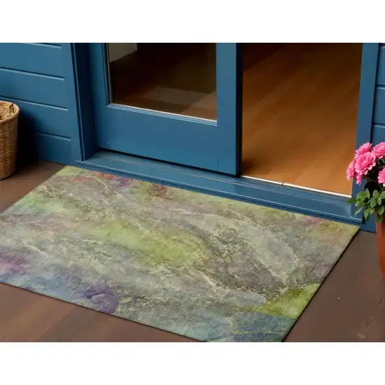 Green Pink And Gold Abstract Washable Indoor Outdoor Area Rug Photo 1