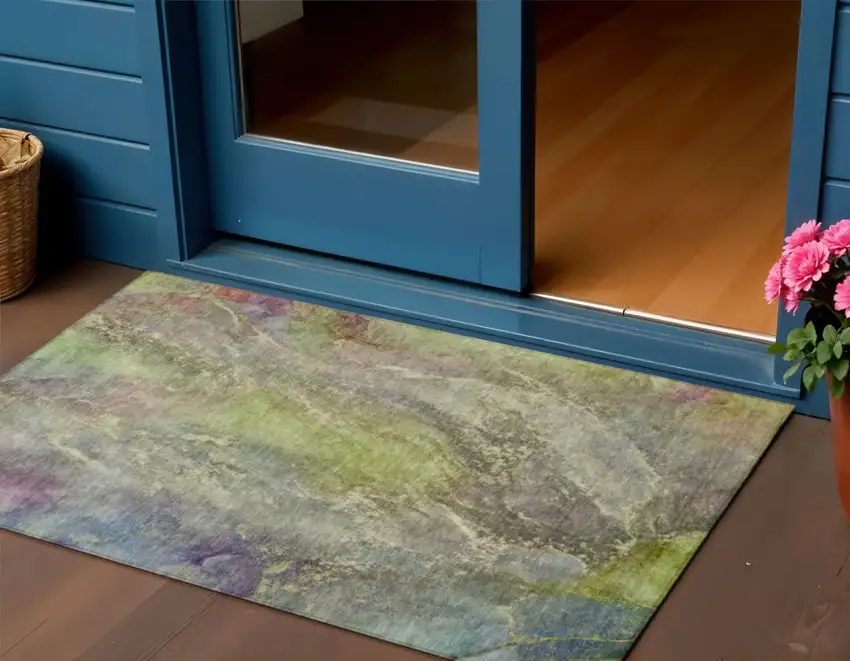 Green Pink And Gold Abstract Washable Indoor Outdoor Area Rug Photo 1