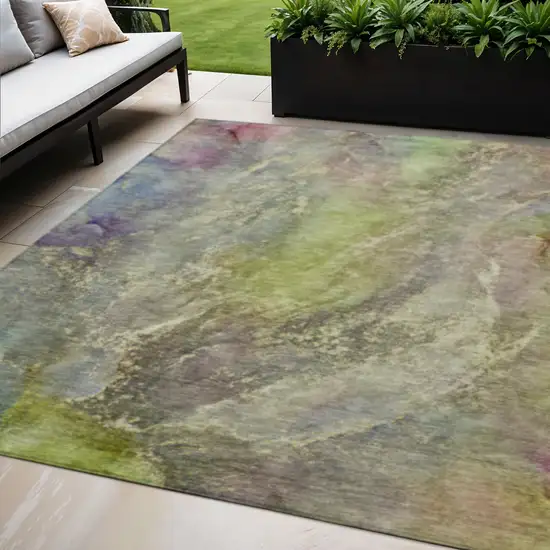Green Pink And Gold Abstract Washable Indoor Outdoor Area Rug Photo 1